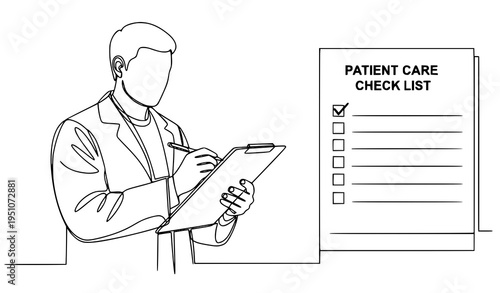 A doctor in a lab coat holding a clipboard and pen with a patient care checklist