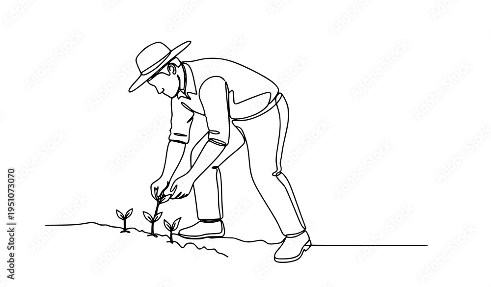 Fototapeta premium A minimalist line art illustration of a farmer planting a seedling