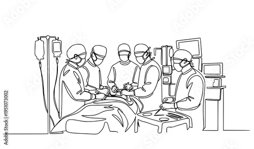 A surgical team performs an operation in a modern hospital setting