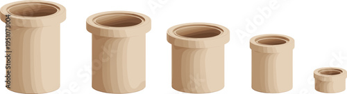 3D PVC pipe fittings set, cylindrical plumbing connectors different sizes, plastic drainage tubes collection, industrial components, minimal isolated background design