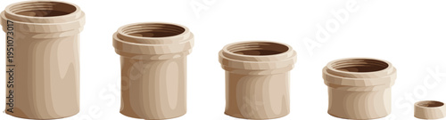 3D threaded pipe connectors set, PVC plumbing fittings different sizes, cylindrical plastic tubes, industrial components, minimal isolated background design