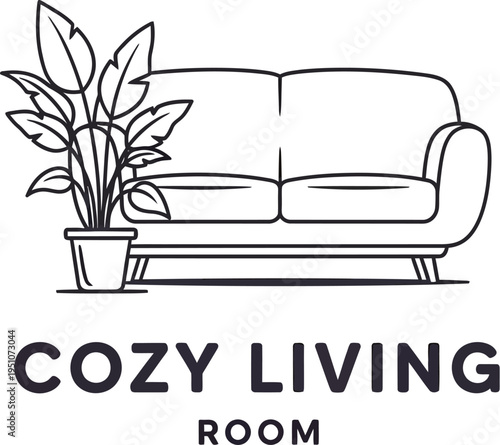 A clean and modern minimalist line art illustration featuring a comfortable two-seater sofa next to a potted houseplant, creating an inviting and cozy living room atmosphere for home decor concepts.