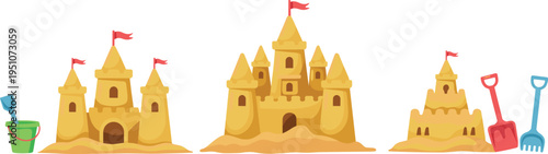 Cartoon sandcastle set with bucket and shovel, beach summer toys illustration, kids sand castles collection, playful seaside design isolated