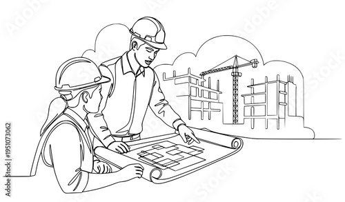 Two construction workers in hard hats examining blueprints on a building site