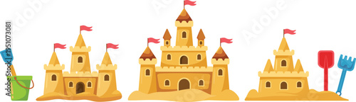 Cartoon sandcastle collection with bucket and shovel, beach summer toys illustration, kids sand castles set, playful seaside design isolated