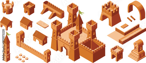 Isometric medieval castle construction kit, modular fortress towers walls arches stairs buildings, fantasy strategy game assets, 3D cartoon architecture set