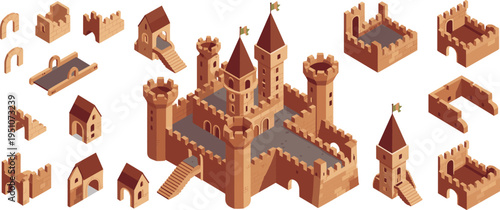 Isometric medieval castle construction kit, modular fortress towers walls gates stairs houses, fantasy strategy game assets, 3D architecture set