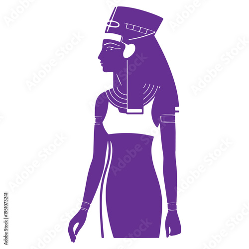 Stylized depiction of ancient Egyptian Queen Nefertiti in profile view wearing her distinctive tall crown and intricate collar necklace isolated on a white background symbolizing history and royalty