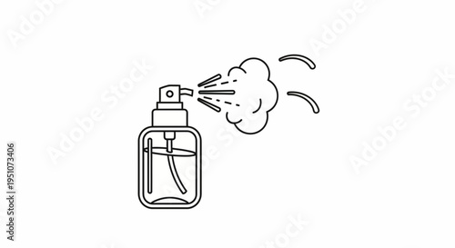 Spray bottle dispensing mist, icon of hygiene and cleaning, simple line art