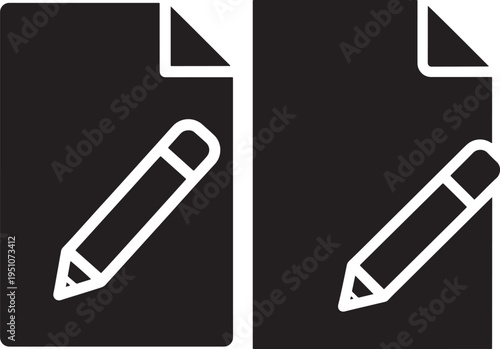Two document icons with pencils, editing and writing symbols set, text creation and modification silhouette vector illustration, Document Icon, Pencil Icon, Editing Symbol