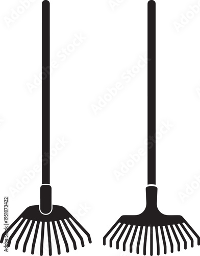 Two garden rakes in silhouette, one spread and one closed, representing yard work and landscaping tools, Garden Rake, Leaf Rake, Lawn Care, Outdoor Work, Equipment Set