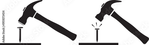 Hammer striking a nail in silhouette, showing the action of driving a into wood, isolated on white background, Home Improvement