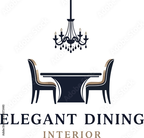 A sophisticated logo design showcasing an elegant dining room setup with a classic chandelier, a stylish table, and two upholstered chairs, perfect for luxury interior branding.