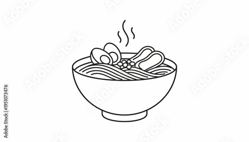 Steaming Bowl of Ramen Noodles with Egg and Meat - Minimalist Line Art