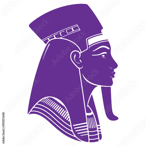 Stylized profile illustration of an Egyptian pharaoh or queen wearing a distinctive headdress and ornate collar depicted in a deep purple color with clean white outlines isolated on a plain background