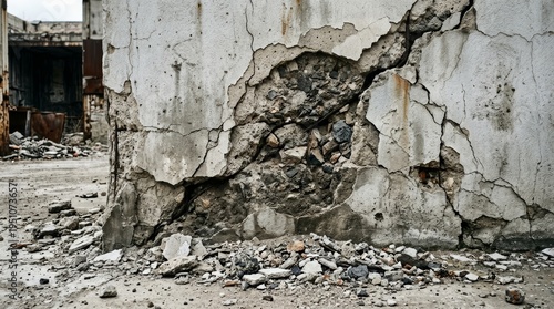 Close-up of a severely damaged and cracked concrete wall in an abandoned industrial building with debris scattered on the floor.