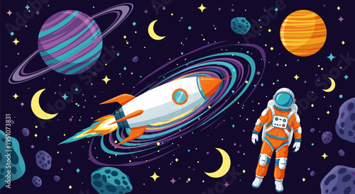 A colorful vector illustration of an astronaut and a rocket ship exploring planets and stars in outer space, with moons and asteroids