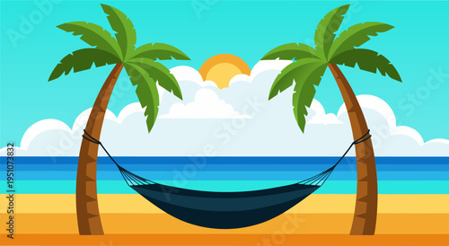 Tropical beach hammock vector illustration with palm trees and ocean view, perfect for vacation and relaxation themes