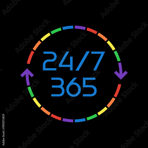 24 On 7 Timing Badge Symbol icon isolated on black background