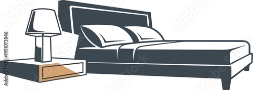 A simple, modern bedroom setup featuring a comfortable bed with soft pillows, a stylish headboard, and a practical nightstand with an elegant lamp, perfect for restful sleep.