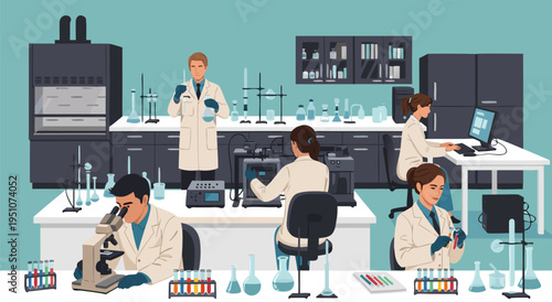 Modern laboratory scene with scientists conducting research and experiments vector illustration
