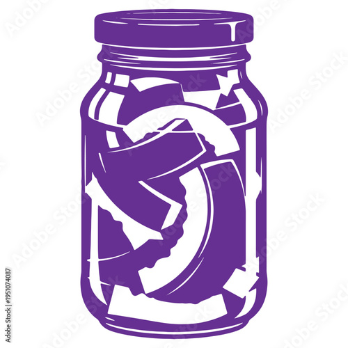 Stylized purple illustration of a glass mason jar filled with sliced fruit pieces and a lid isolated on a white background representing preserved food or a culinary concept