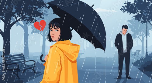 Sad vector illustration of a couple standing in the rain with a broken heart symbol, depicting relationship breakup