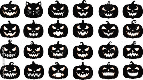 halloween pumpkin faces collection, spooky jack o lantern expressions set, scary pumpkin vector icons pack, creepy halloween illustration elements