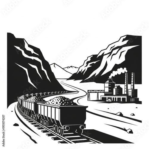 Coal Train Transporting Resources to Industrial Factory in Mountainous Region.