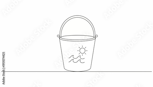 Simple Line Drawing of a Beach Bucket with Sun and Waves Icon