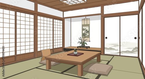Traditional Japanese Tatami Room Interior With Low Table And Shoji Screens