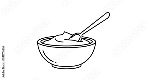 Simple Line Drawing of a Bowl of Creamy Food with a Spoon