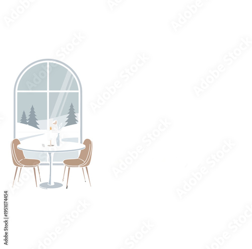 A clean and elegant Nordic Feast Dining & Hygge logo design beautifully showcases an illustrated winter window scene with a charming dining table setup, ideal for a cozy restaurant experience.