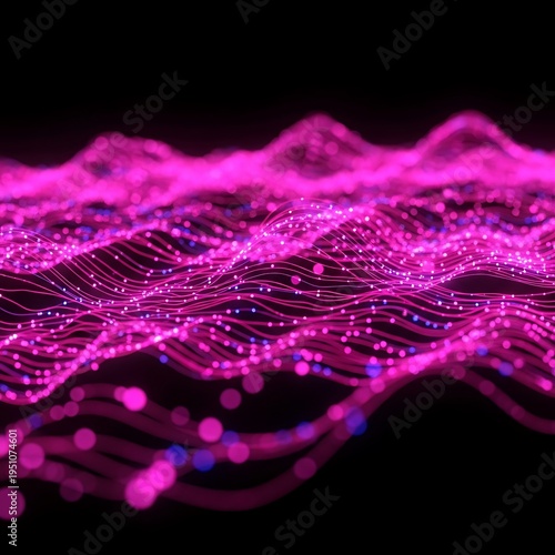 Glowing pink energy waves undulate across a dark background in a complex digital pattern