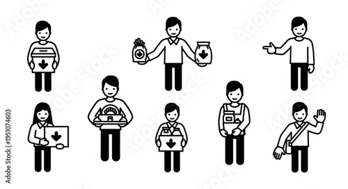 Collection of people donating and delivering goods, illustrated in black and white.
