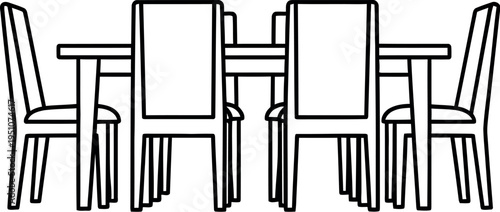 A sleek, simple, minimalist line art drawing of a dining table with six matching chairs, ready for family meals or professional design elements in home decor projects.