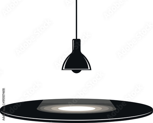 Minimalistic black hanging lamp casts a bright, focused spotlight onto a dark circular surface below, symbolizing illumination, attention, or a specific stage.