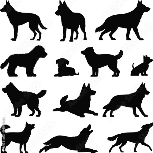 Dog silhouette icon set, canine breed graphics, sitting and standing figures, pet animal symbols, domestic mammal designs, black vector, white background