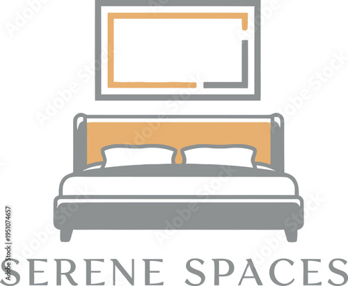 Beautiful minimalist logo for "Serene Spaces" brand identity, featuring a neatly made bed with pillows and a framed painting, representing comfort, tranquility, and modern interior design services.