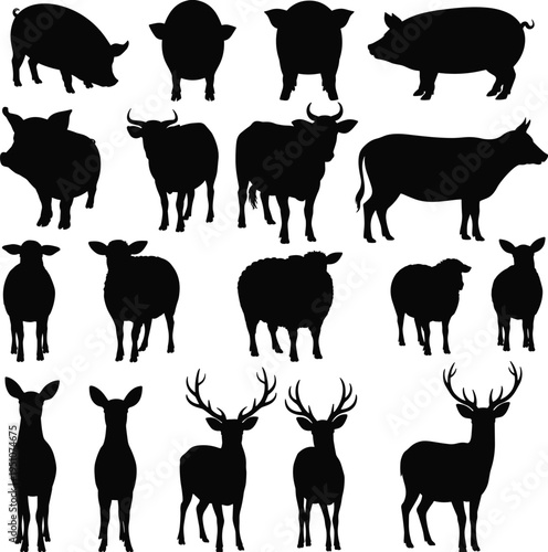 Farm and wildlife silhouette icon set, pig and cattle graphics, sheep and deer figures, animal posture symbols, black vector, white background