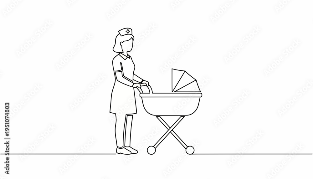 Fototapeta premium Nurse pushing a baby stroller, minimalist line art, healthcare and childcare concept