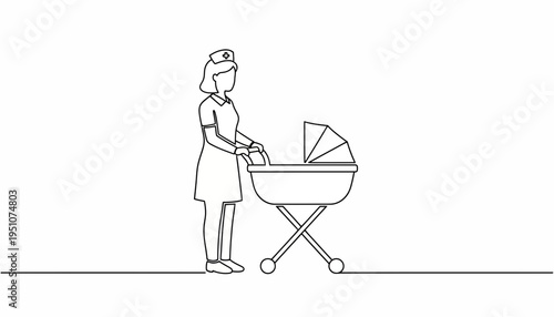 Nurse pushing a baby stroller, minimalist line art, healthcare and childcare concept
