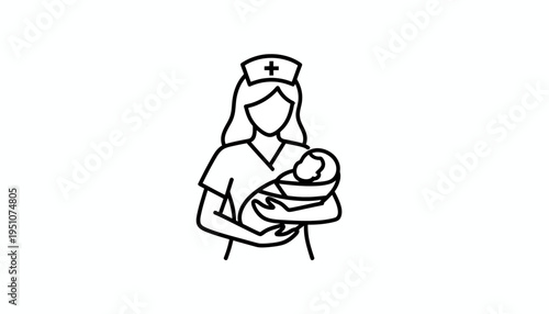 Nurse holding newborn baby, medical care, maternity, healthcare icon illustration