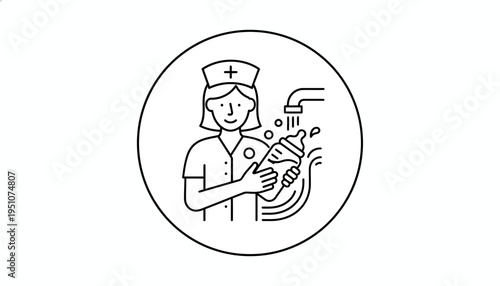 Nurse washing baby bottle under faucet, hygiene, healthcare, clean, medical, child care icon