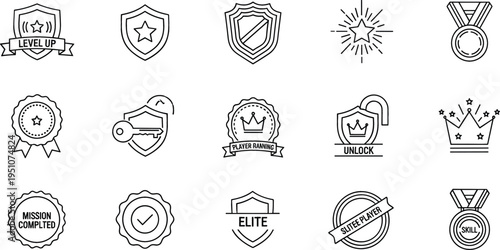 Achievement badge and award shield line icon set featuring winner medal crown premium elite quality certification and mission completed symbols