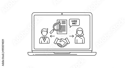 Online hiring process: laptop showing job application, magnifying glass, handshake, and candidates