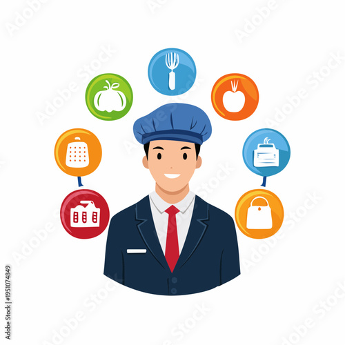 Professional chef with culinary icons representing cooking and hospitality services
