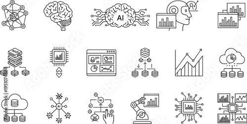 Artificial intelligence and data analytics line icons set with neural networks, machine learning, cloud computing and digital technology outline vector collection
