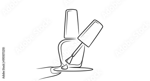 Nail Polish Bottle with Brush and Droplet - Minimalist Line Art Illustration