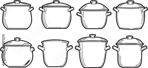 Assorted pots and lids in a line art illustration Vector